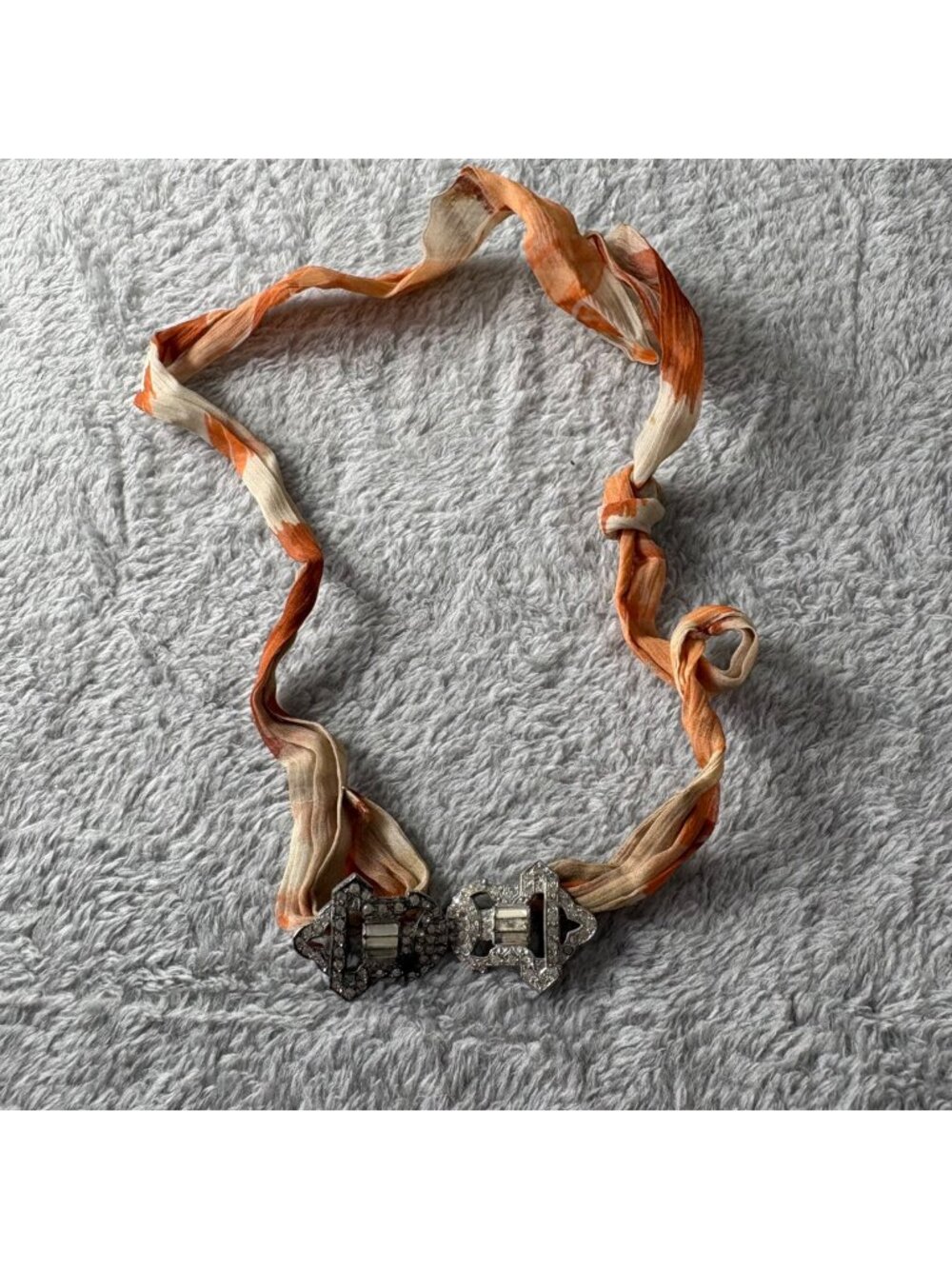 Antique Crystal Rhinestone Belt Buckle W/ Orange & Cream Silk Ribbon Tie